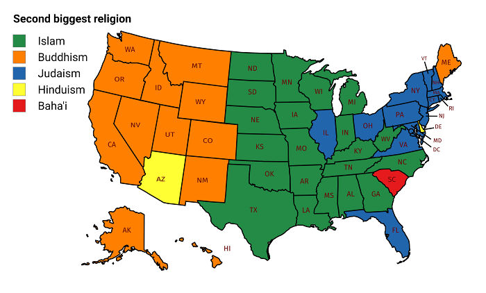 Map of the United States showing the second biggest religion by state using color-coded regions for Islam, Buddhism, Judaism, Hinduism, and Baha'i.