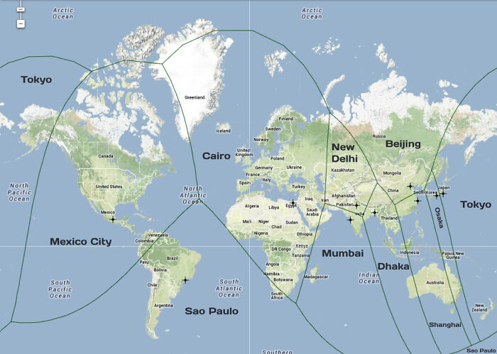 World map highlighting major cities with flight paths and geographic boundaries to expand knowledge of the world.