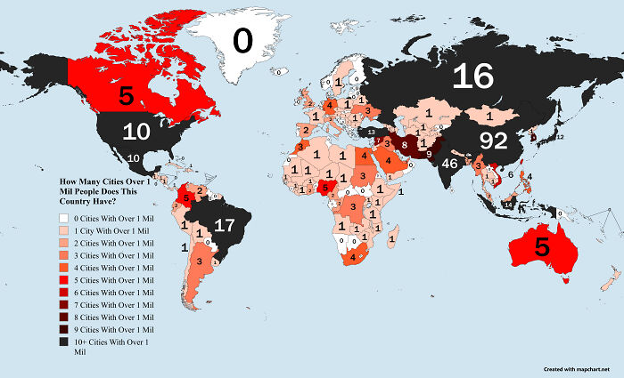 World map showing the number of cities with over 1 million people in different countries to expand knowledge.