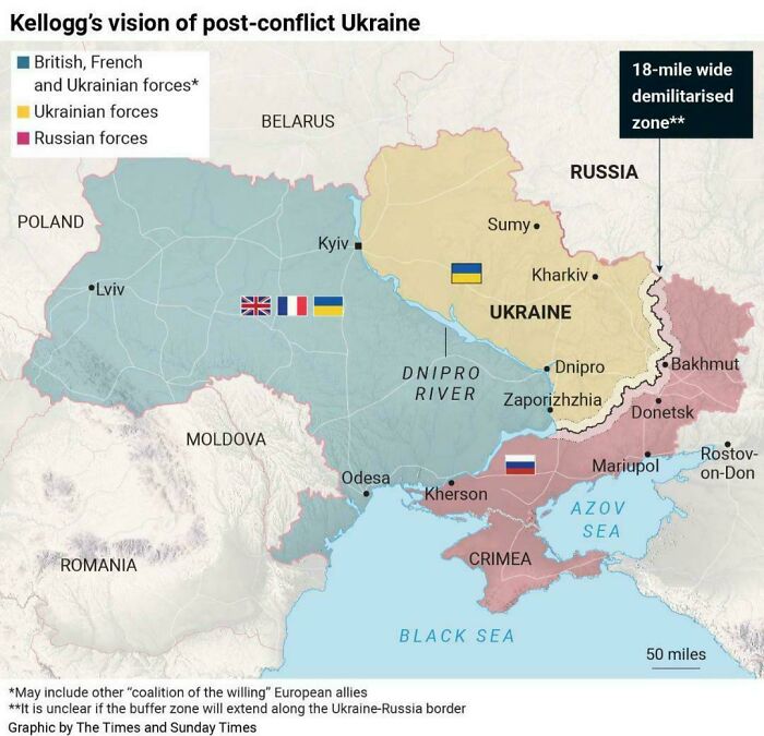 Map showing British, French, Ukrainian, and Russian forces in post-conflict Ukraine with demilitarized zone and key cities marked