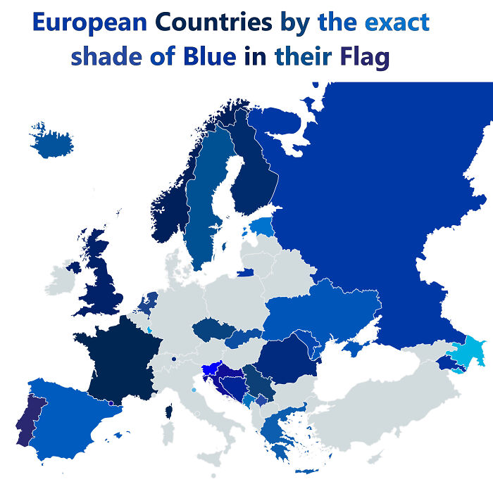Map of European countries by the exact shade of blue in their flags, shown in various blue tones to expand world knowledge.
