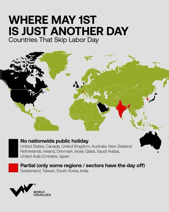 Map showing countries that skip Labor Day on May 1st, highlighting regions with no public holiday in world maps collection.