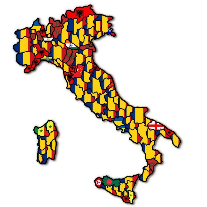 Map of Italy filled with various world flags within its regions, designed to expand your knowledge of the world.