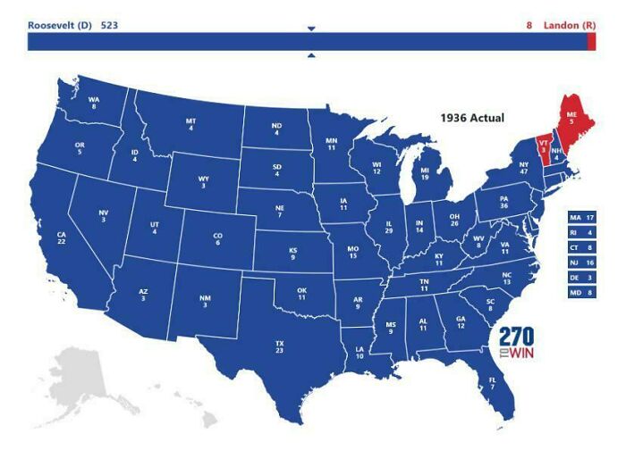 US electoral map from 1936 showing states won by Roosevelt and Landon with electoral vote counts to expand knowledge of world maps.