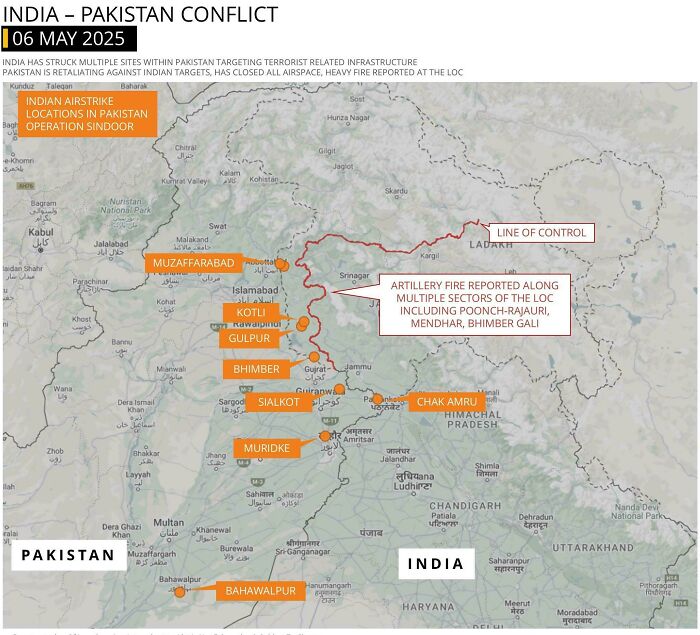 Map showing key locations and conflict zones in the India Pakistan conflict with airstrike sites and artillery fire details.