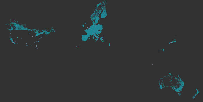 Abstract world map showing outlines of continents and countries in blue on a dark background for maps to expand knowledge.