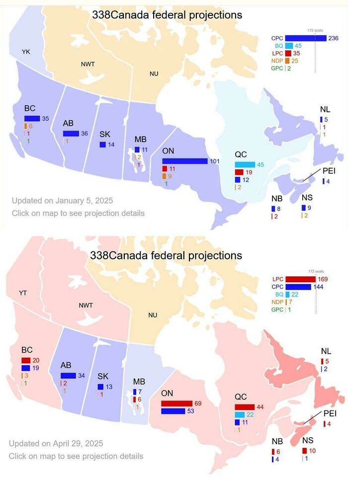 Two Canada federal projections maps showing seat distributions for political parties in 2025, highlighting regional differences.