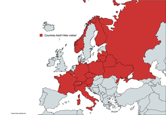 Map showing countries in Europe visited by Adolf Hitler highlighted in red to expand your knowledge of the world.