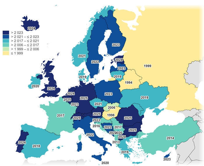 Map of Europe showing data by year, using color codes to expand your knowledge of the world through detailed maps.