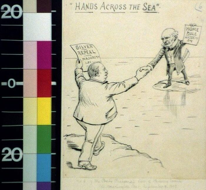 1800s cartoon showing two men shaking hands symbolizing political issues of silver repeal and home rule.