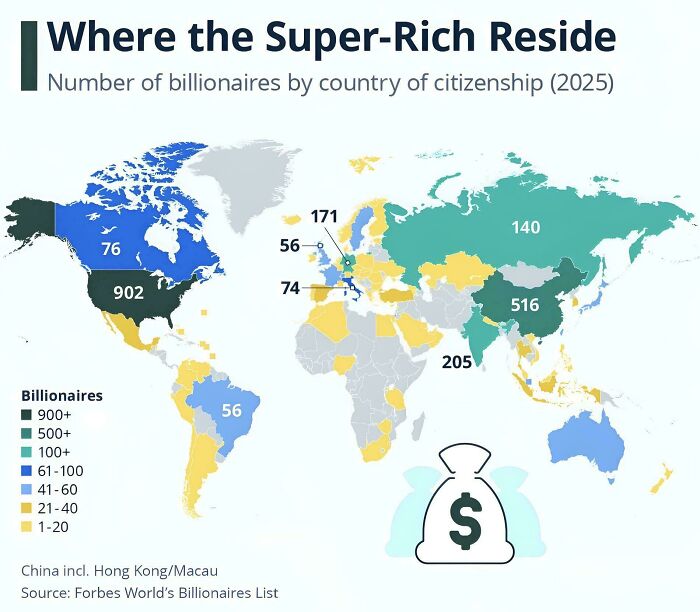 World map showing number of billionaires by country in 2025, visualizing wealth distribution to expand knowledge of the world.