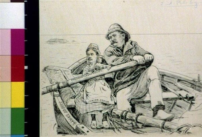 Black and white 1800s cartoon depicting a man rowing a boat with a young girl, illustrating historical world changes.