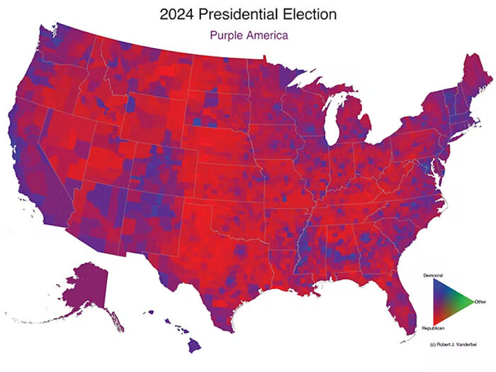 US 2024 presidential election map showing purple America with counties colored by political affiliation using red, blue, and purple shades.