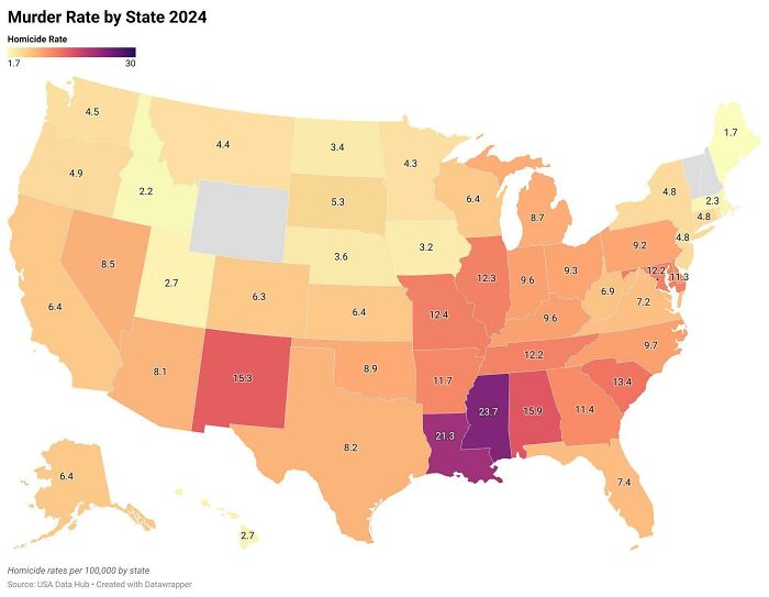 Heat map showing the m****r rate by state in 2024 with color gradient indicating homicide rates across the USA.