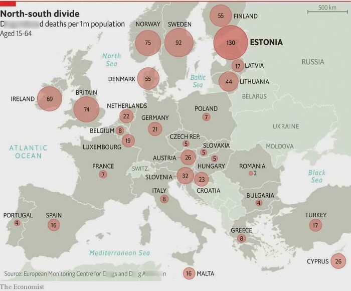 Map showing d**g-related deaths per 1 million population aged 15-64 across European countries with data points visualized by size.