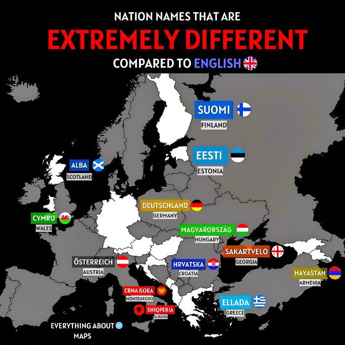Map showing European nation names that are extremely different compared to English, highlighting unique country names for world knowledge expansion.