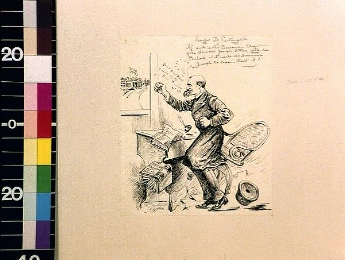 Black and white cartoon from the 1800s showing a man angrily knocking on a door in an old room setting.