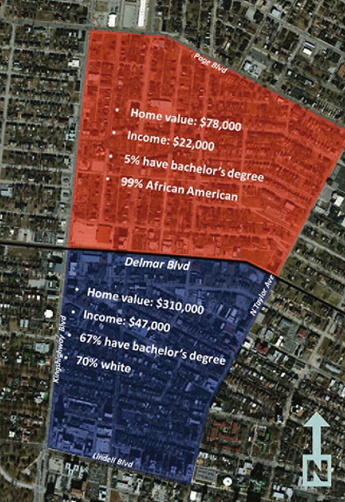 Map showing home value, income, education, and racial demographics in two adjacent neighborhoods for world knowledge expansion.
