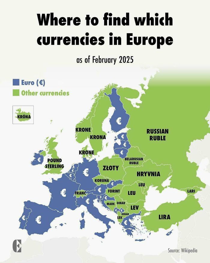 Map showing where to find which currencies in Europe as of February 2025, highlighting Euro and other currencies regions.