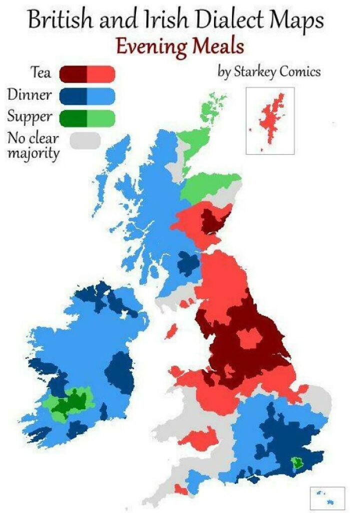 Map showing British and Irish dialect regions for evening meals, highlighting tea, dinner, and supper preferences across the UK and Ireland.