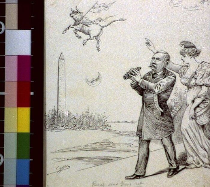 1800s cartoon showing a man with binoculars and a woman observing a flying cow near an obelisk monument.