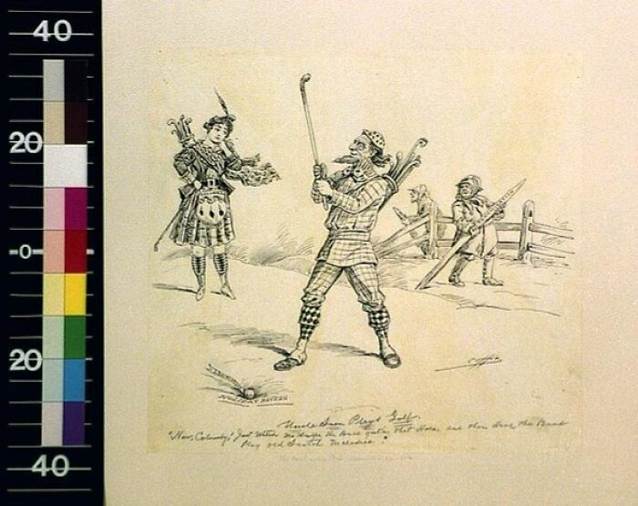 Vintage 1800s cartoon depicting people playing golf, illustrating how much the world has changed over time.