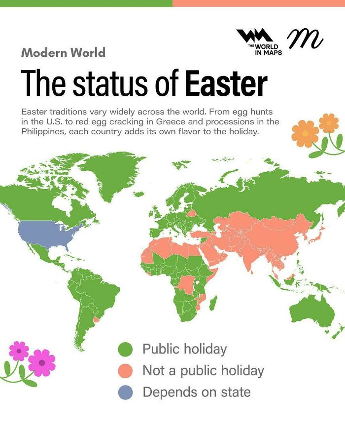 World map showing Easter as a public holiday, not a public holiday, or state-dependent to expand knowledge of the world maps.