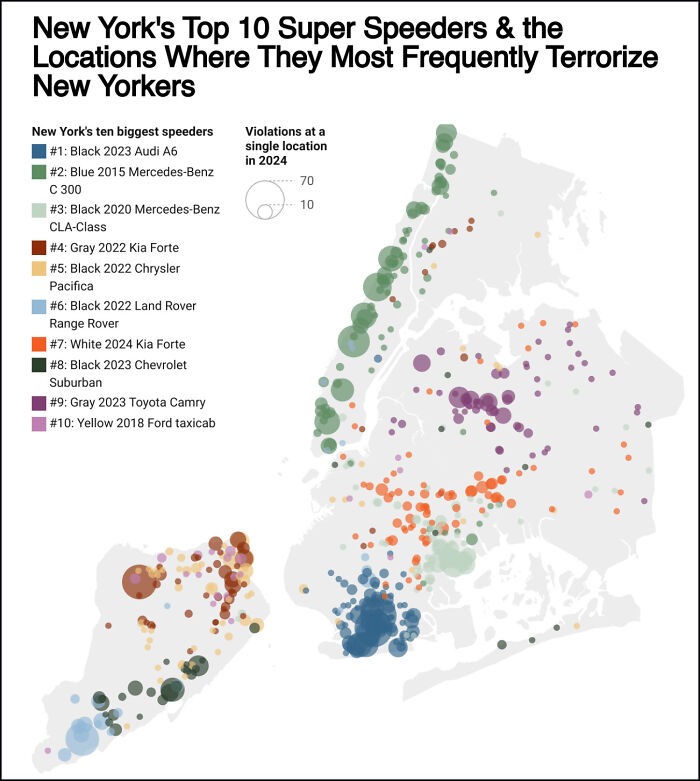 Map showing New York’s top 10 super speeders with colored dots marking frequent violation locations in 2024.