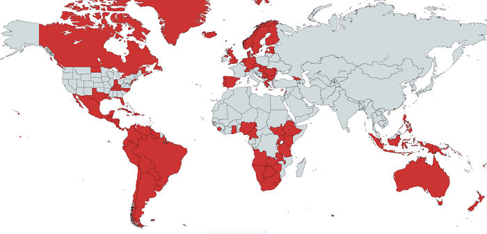 World map highlighting various countries in red to expand knowledge of the world with informative global maps.