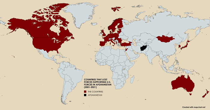 World map highlighting countries that lost forces supporting U.S. in Afghanistan, illustrating global military involvement on maps.
