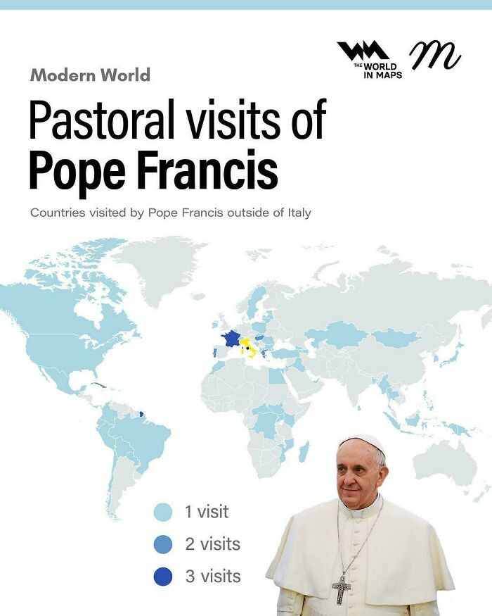 Map showing pastoral visits of Pope Francis worldwide with countries highlighted based on number of visits for expanding knowledge of the world.