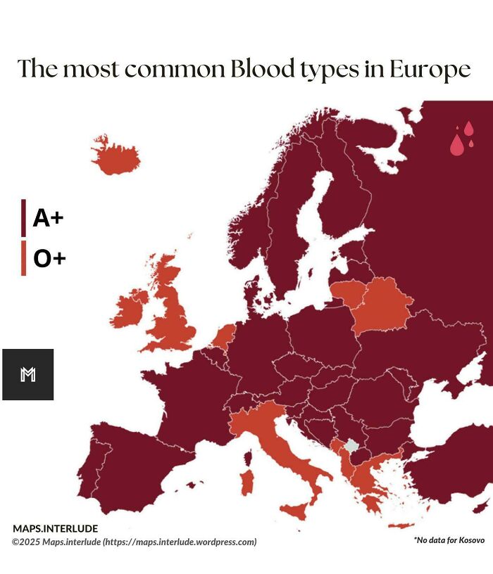 Map showing the most common blood types in Europe, highlighting A+ and O+ distribution for expanding knowledge of the world.