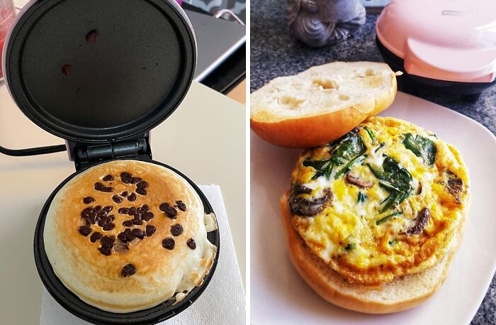 Breakfast ideas to hack your way into becoming a morning person featuring a chocolate chip pancake and veggie egg sandwich.
