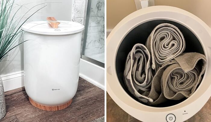 Modern compact washing machine with rolled towels inside, ideal for simplifying morning routines and becoming a morning person.