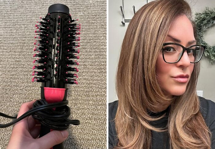 Hot air brush held in hand next to woman with styled hair showing hacks to become a morning person.