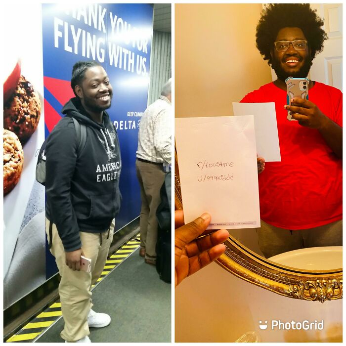 Man smiling at airport terminal and another man taking selfie in mirror holding a toast request sign for internet comments