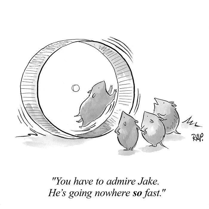 Comic illustration of animals taking over the human world, showing a hamster running fast inside a wheel watched by others.