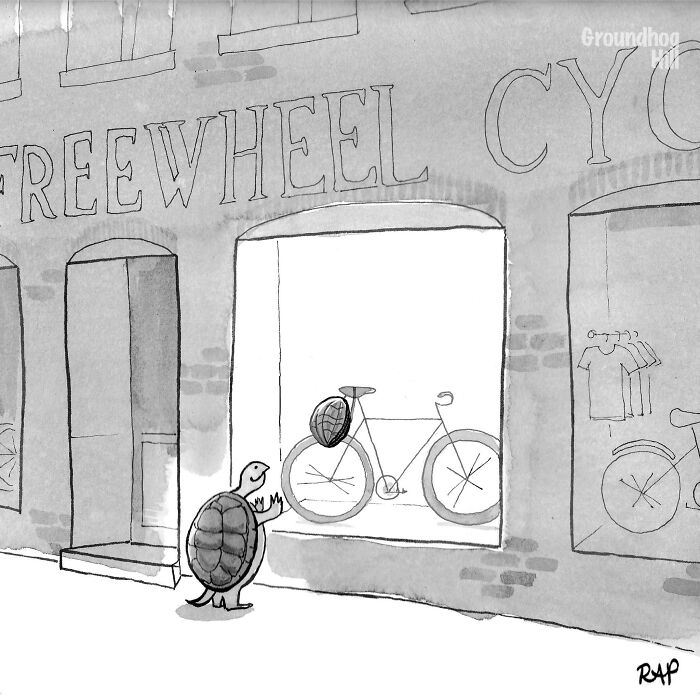 Turtle looking at a bicycle shop window in a comic where animals take over the human world in a humorous way.