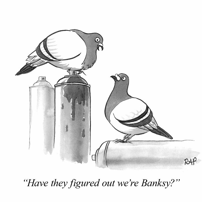 Two pigeons perched on spray cans in a comic by Rose Anne Prevec about animals taking over the human world.