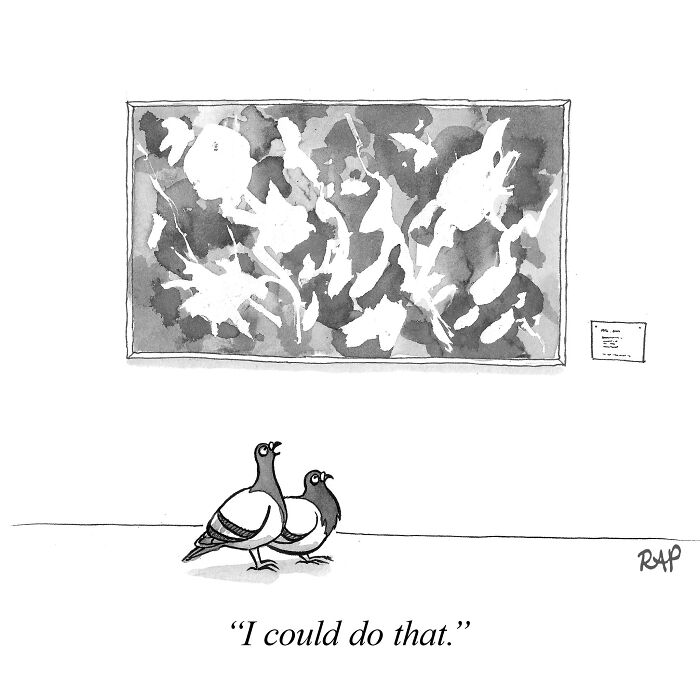 Two pigeons humorously critique abstract art in a comic where animals take over the human world.