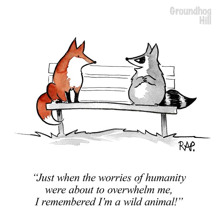 Two animals on a bench in a comic by Rose Anne Prevec where animals take over the human world humorously.
