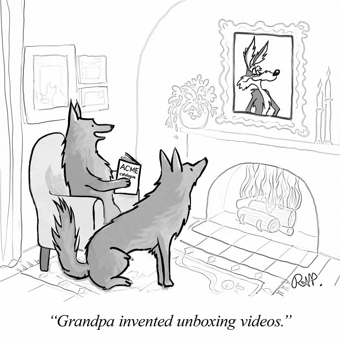 Two wolves in a living room with a fireplace, one reading a catalog, illustrating animals taking over the human world.