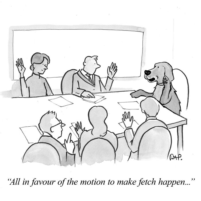 Black and white comic of a dog in a business meeting with humans, showcasing animals taking over the human world humorously.