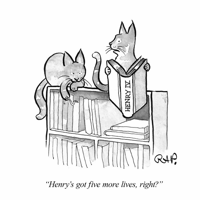 Two cats on a bookshelf with one reading a book titled Henry IV in a comic where animals take over the human world.