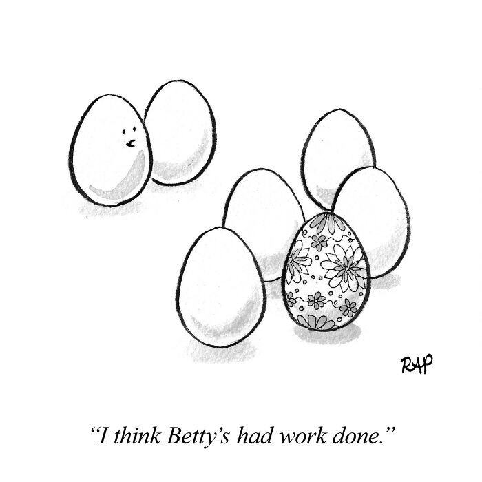 Cartoon eggs with one decorated egg standing out, illustrating a comic where animals take over the human world humorously.