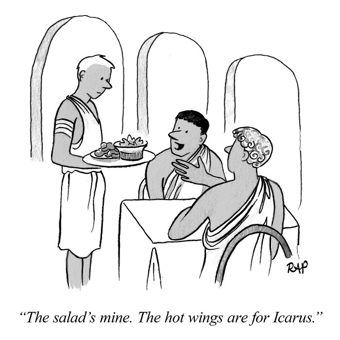 Black and white comic by Rose Anne Prevec showing two men in togas ordering food from a waiter with a humorous mythological twist.
