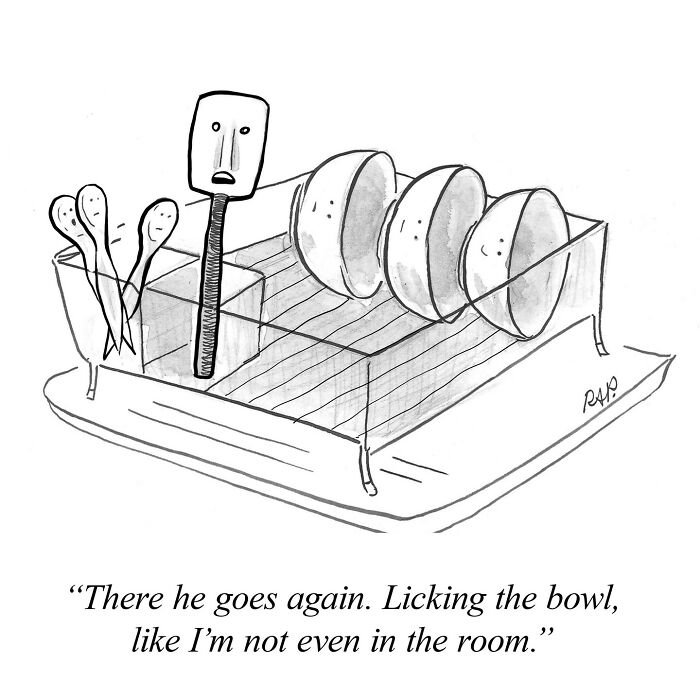 Comic illustration showing anthropomorphic kitchen utensils with faces, part of animals taking over human world comics.