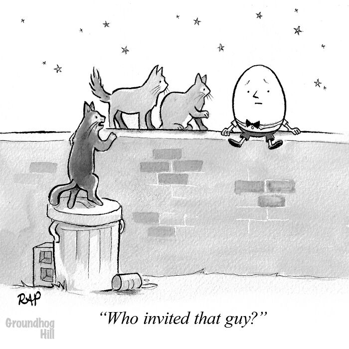 Cats on a wall confronting an egg-shaped character in a comic where animals humorously take over the human world.