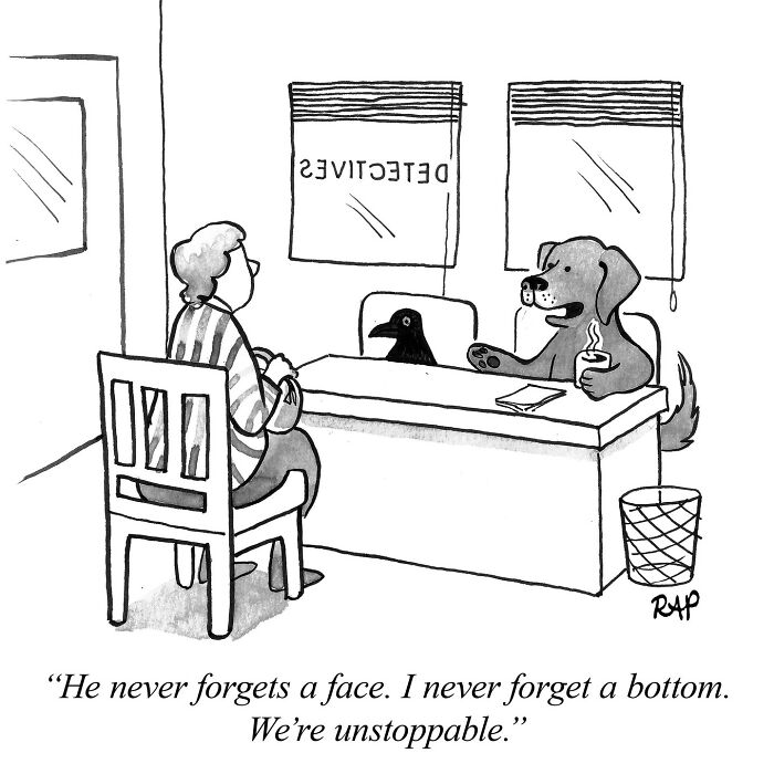 Dog detective and crow partner interviewing a human in a comic where animals take over the human world humorously.