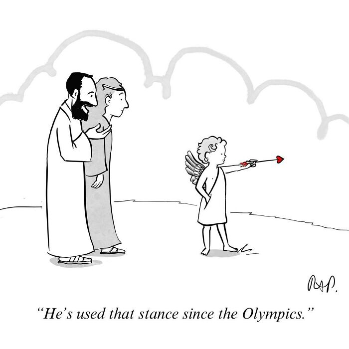 Black and white comic showing a cupid shooting a heart arrow while two men watch, from interesting comics where animals take over.